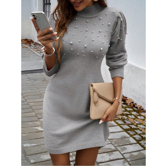 Grey Sweater Short Mini Dress Faux Pearl Embellished Long Sleeve - Picture 7 of 13
